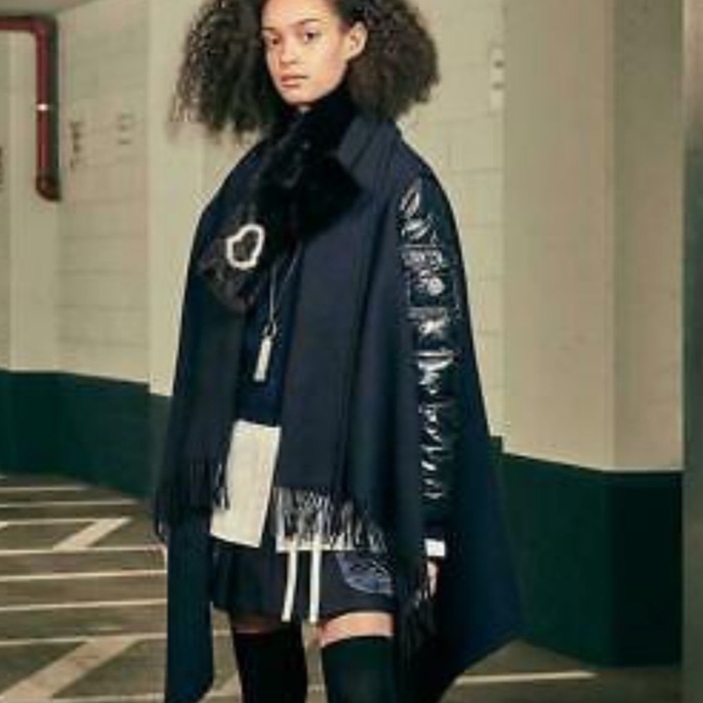 Moncler Mantella Down-Sleeve Wool Fringe Poncho